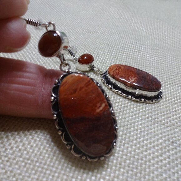 Natural RED RAINBOW JASPER & CARNELIAN Handmade Sterling 925 Earrings #551C - Picture 2 of 3